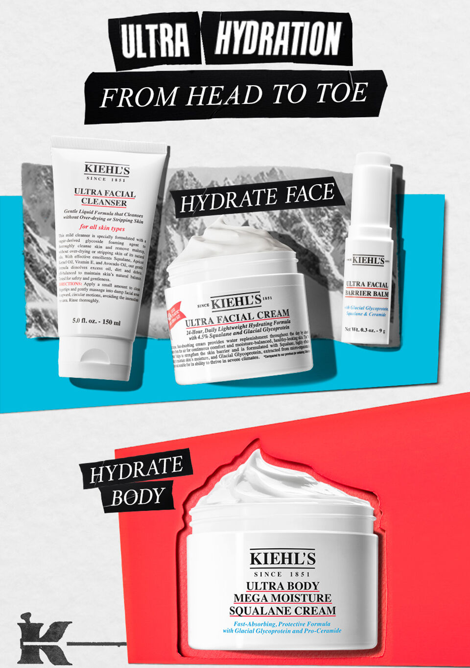 Alt-tekst: To produkter fra Kiehl's med fokus på fugtgivende ansigts- og kropscreme. Venstre side viser ansigtsprodukter, mens højre side praesenterer en ny kropscreme.