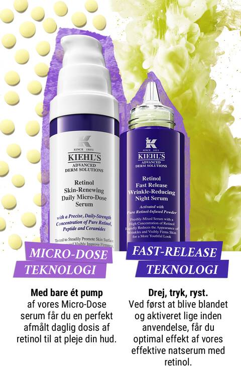 Alt-tekst: To Kiehl's hudplejeprodukter med information om mikro-dose og hurtig frigivelse teknologi, praesenteret med farverige elementer i baggrunden.