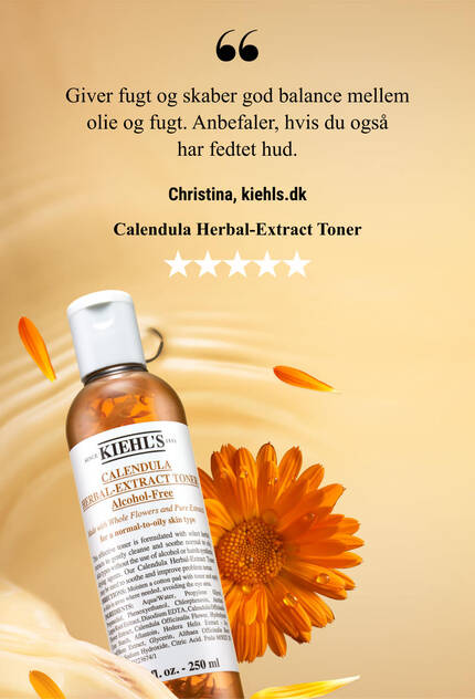 A bottle of Kiehl’s Calendula Herbal-Extract Toner surrounded by flower petals and a quote praising the product's refreshing qualities.