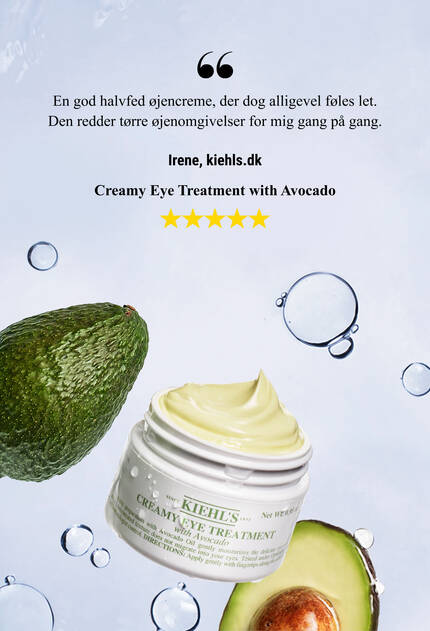 A jar of Kiehl's Creamy Eye Treatment with Avocado against a creamy, textured background, accompanied by a customer testimonial about its moisturizing texture.