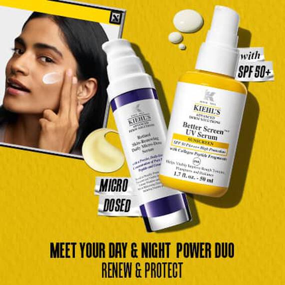 To Kiehl's hudplejeprodukter maerket Retinol og Better Screen UV Serum med SPF 50+ på en gul baggrund med tekst, der fremmer dag- og natbeskyttelse.