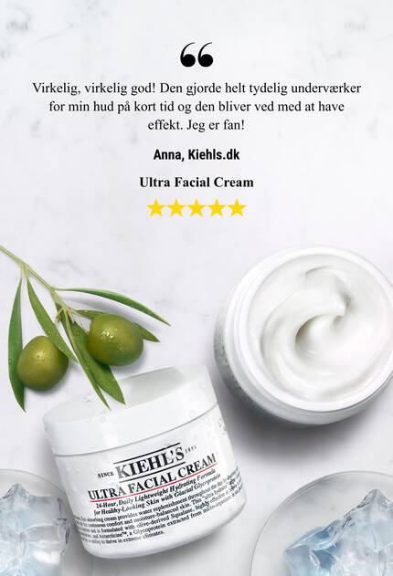 A jar of Kiehl's Ultra Facial Cream with a smooth texture, accompanied by a quote about its immediate moisturizing effects and lasting hydration.