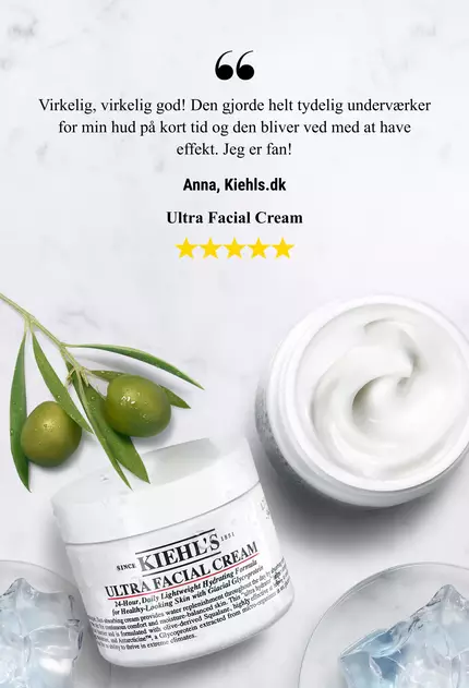 A jar of Kiehl's Ultra Facial Cream with a smooth texture, accompanied by a quote about its immediate moisturizing effects and lasting hydration.