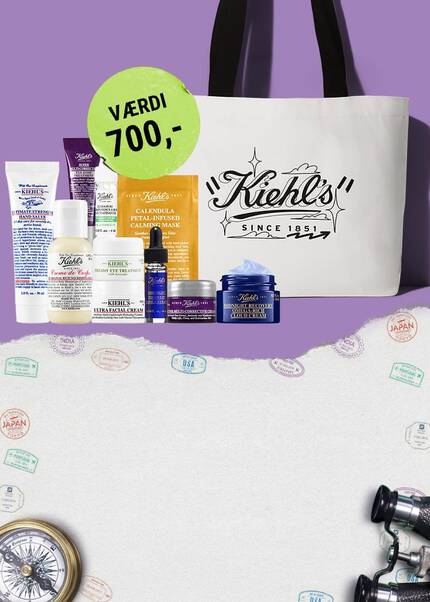 Billede med 9 produkter i rejsestørrelse fra Kiehl's, samt en goodiebag. Dette får du med i købet ordre over 1200 kr.