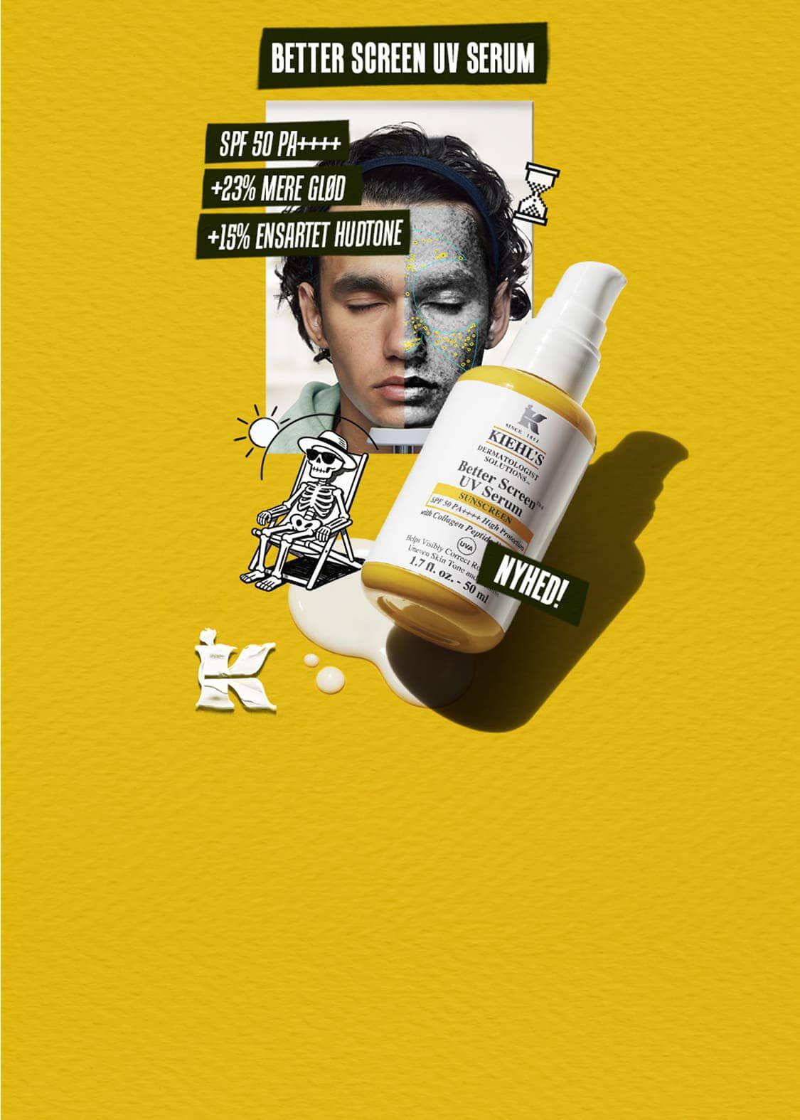 Kiehl's Better Screen UV Serum på gul baggrund med tekst, der fremhaever SPF 50 PA++++ og hudplejefordele.