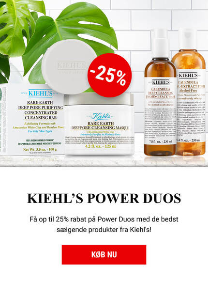 Kampagnebanner for Kiehl's med produkter og op til 25% rabat på Power Duos.