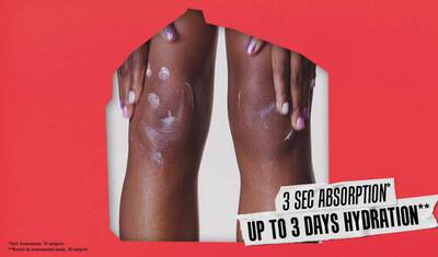 A close-up of two knees with white cream being applied, set against a bright red background. Text on the image includes "3 SEC ABSORPTION*" and "UP TO 3 DAYS HYDRATION."