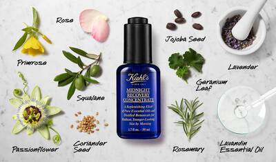 A flat lay image featuring Kiehl's Midnight Recovery Concentrate bottle centered among various botanical ingredients: rose petals, primrose, squalane, jojoba seed, passionflower, coriander seed, geranium leaf, lavender, rosemary, and lavandin essential oil. The background is a light marble surface.