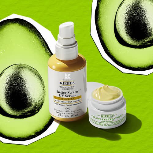 Gul baggrund med Kiehl’s Better Screen UV Serum. Teksten lover +23% mere glød og +15% mere ensartet hudtone. Viser en ansigtsscanning, et skelet i en strandstol og maerket 'NYHED!'.
