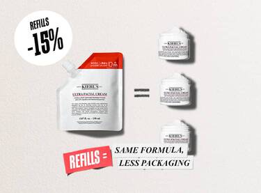 En Kiehl's Ultra Facial Cream Refill, samt 3 Ultra Facial Cream krukker. Fokus på 15% rabat og mindre brug af plastik.