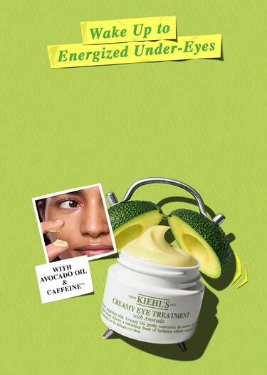 Bannerbillede for Kiehl's avocadoprodukt med titlen 'Vilde med avocado'. Undertekst: Rig på fedtsyrer, vitaminer og naturlige olier, som naerer huden. Knap: Køb nu, link til Avocado PDP
