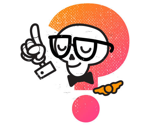 Skellet med briller og butterfly holder en nøgle og peger opad foran et spørgsmålstegn i farver.