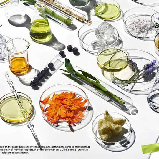 Et levende udvalg af plantebaserede ingredienser, olier og pulvere i glasbeholdere, der viser naturens skønhed og baeredygtighed.