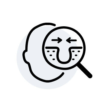 An illustration of a face silhouette with a magnifying glass highlighting a smiling face with exaggerated features, emphasizing curiosity or scrutiny.