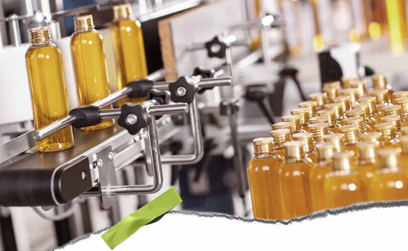 En automatiseret tappelinje med klare flasker fyldt med gul vaeske og metalklemmer, der viser et travlt produktionsmiljø.