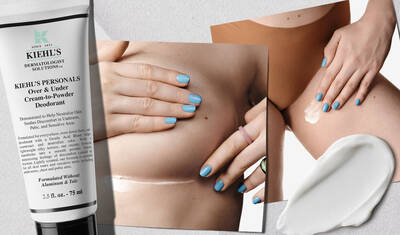 Alt text: A tube of Kiehl's Over & Under Cream-to-Powder Deodorant next to images of a person applying the product to their skin. The person's nails are painted blue, and there is a small dollop of the cream on their skin.