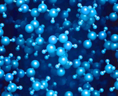Abstract illustration of blue molecular structures scattered against a dark background, representing a scientific or chemical concept.