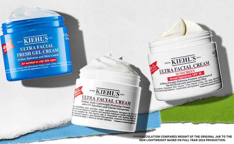 Tre hudplejeprodukter fra Kiehl's: Ultra Facial Oil-Free Gel Cream i blå og to Ultra Facial Creams med solcreme, alle med etiketter.