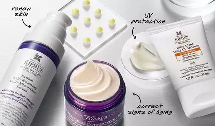 A flat lay of skincare products featuring a serum, a cream, and a sunscreen, labeled with their benefits: "renew skin," "UV protection," and "correct signs of aging."