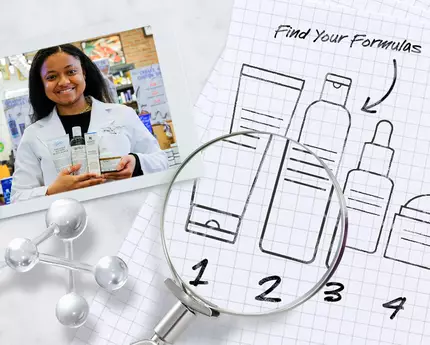 A smiling pharmacist holds skincare products in a pharmacy, with a magnifying glass and illustrated skincare containers on a notepad in the background.