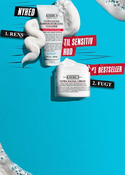 Billede med Kiehl's nyhed, Ultra Facial Barrier Cleanser, og Kiehl's bestseller, Ultra Facial Cream.