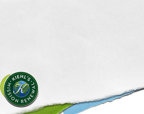 Kiehl's Mission Renewal-logo med en grøn cirkel med en blå globus, omgivet af levende grønne og blå papirkanter.