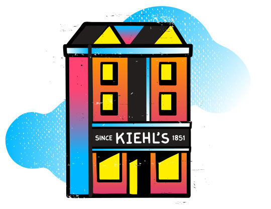 Farverig illustration af en bygning med Kiehl's logo og årstal 1851, på en blå sky baggrund.