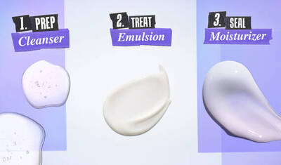An image displaying three skincare steps: 1. Prep - Cleanser (a translucent gel), 2. Treat - Emulsion (a creamy texture), and 3. Seal - Moisturizer (a thicker cream). Each step is labeled and arranged from left to right on a gradient background.