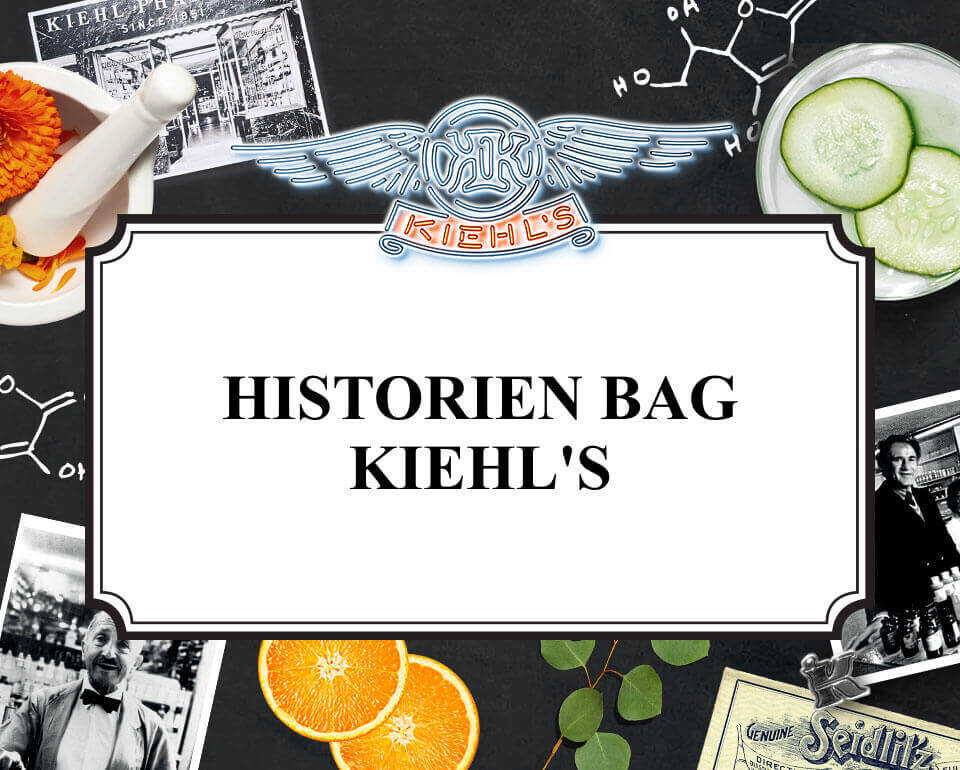 Alt tekst: Et collage af billeder og planter, der illustrerer historien bag Kiehl's med teksten "Historien bag Kiehl's" i midten.