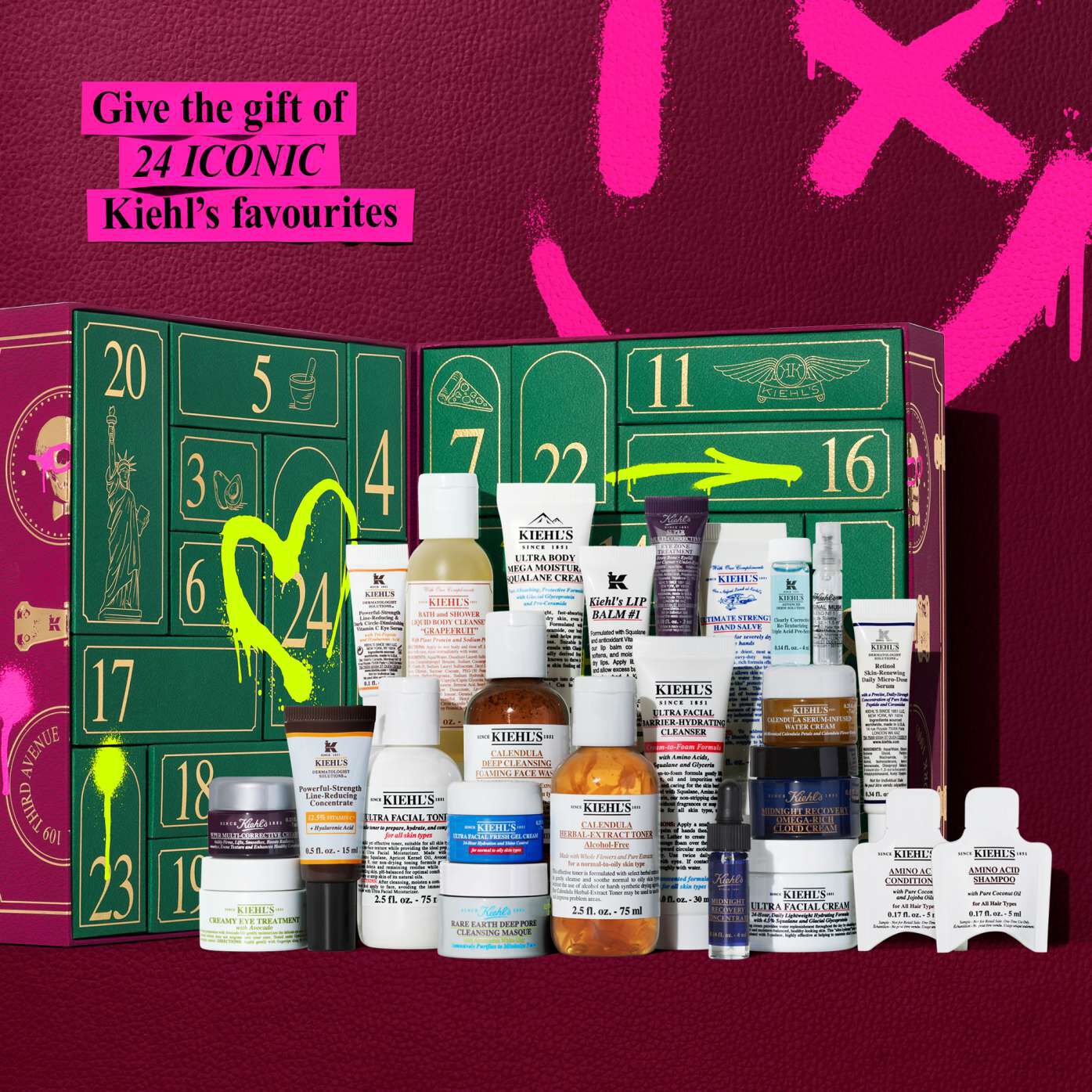 A deep burgundy Kiehl’s Advent Calendar box is featured closed against a matching textured background. The gold foil text on thebox reads “SHARING JOY SINCE 1851" with “ADVENT CALENDAR" at the bottom. A bright pink graffiti-style bow is illustrated above the box,and a pink banner in the top right corner reads: “24 days of GIFTING AWAITS!"