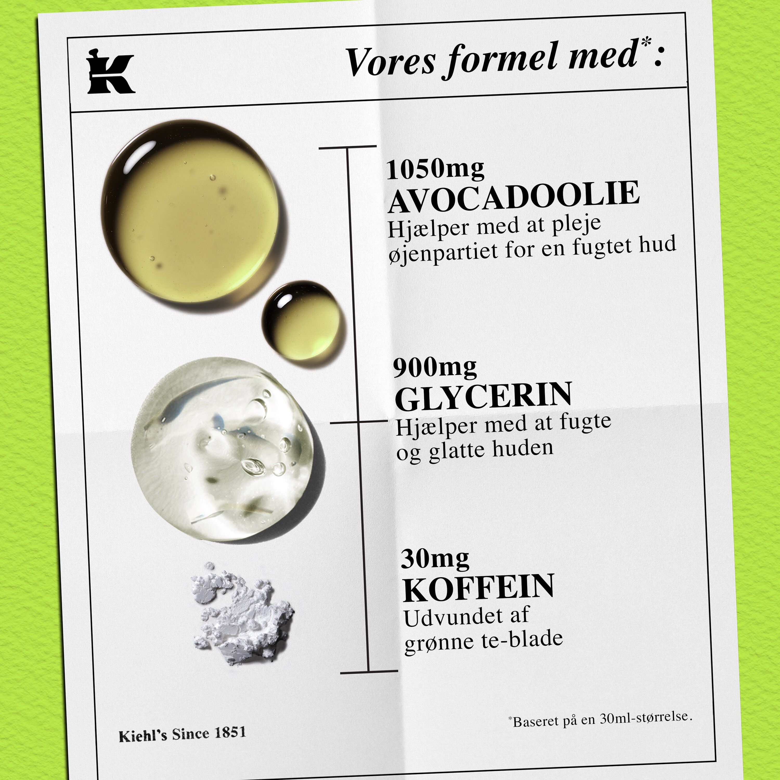 Foto af produktets konsistens med ikoner - det kan reducere haevelser omkring øjnene og er velegnet til alle hudtyper