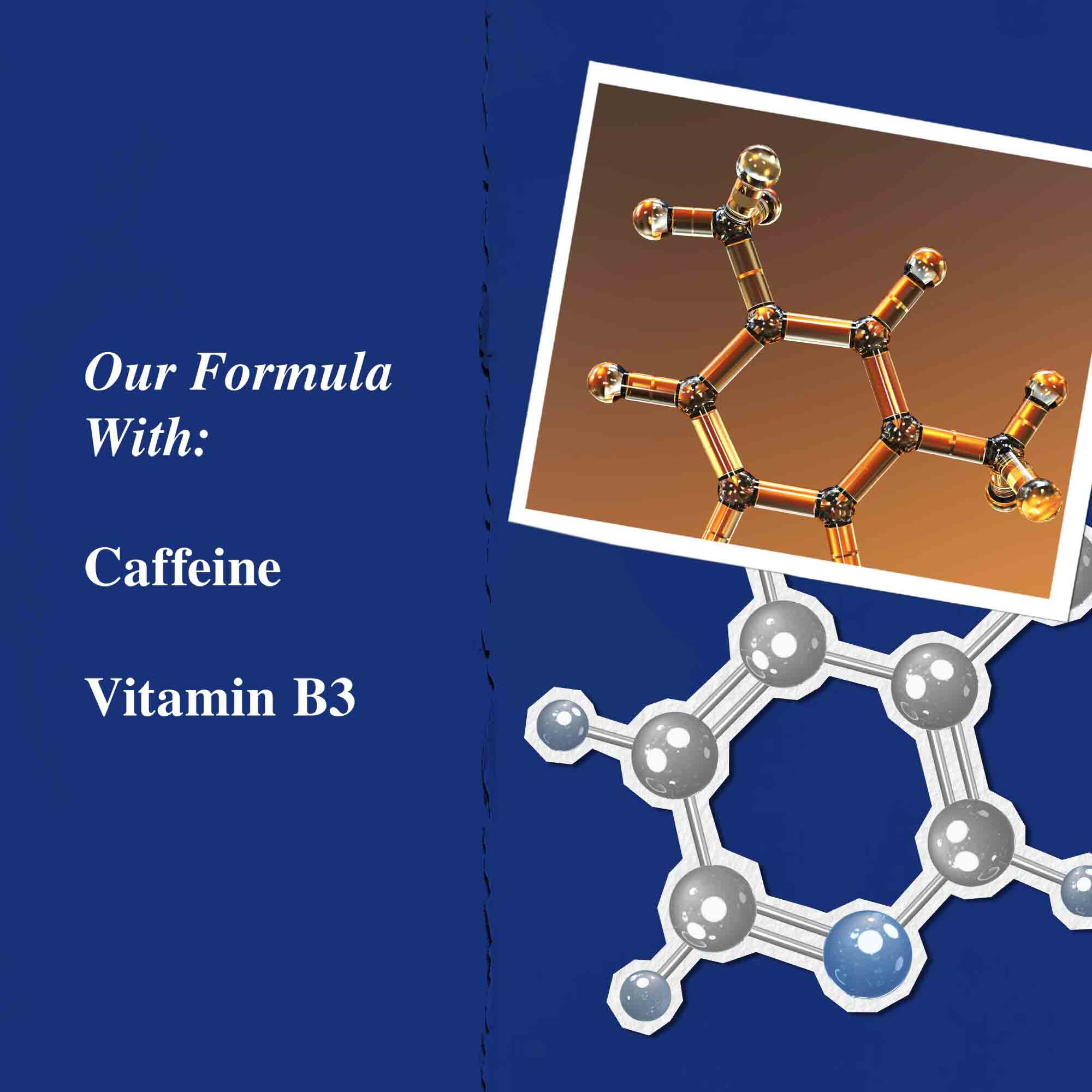 Grafik over nøgleingredienser: koffein og B3-vitamin.