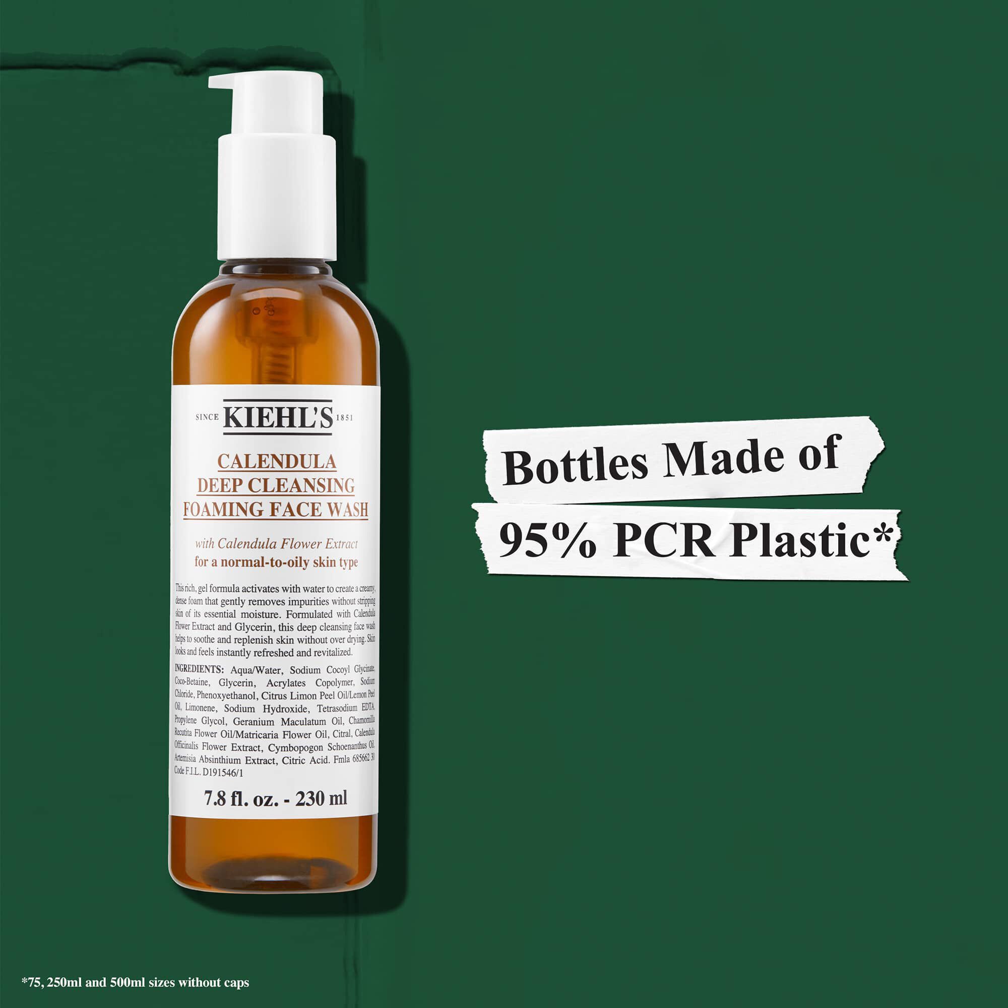 Flaskerne til Kiehl's Calendula Foaming Face Wash er fremstillet af 95 % genbrugsplast (PCR)