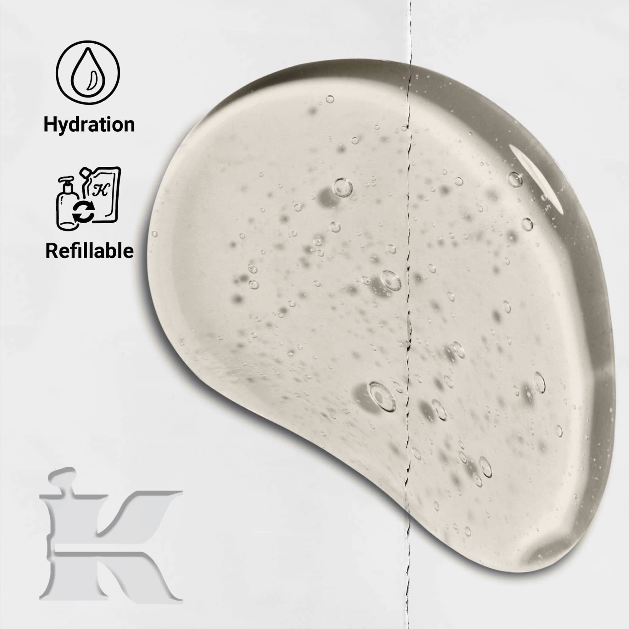 Foto af Amino Acid Shampoo-tekstur med ikoner, der viser, at den kan genopfyldes og giver fugt