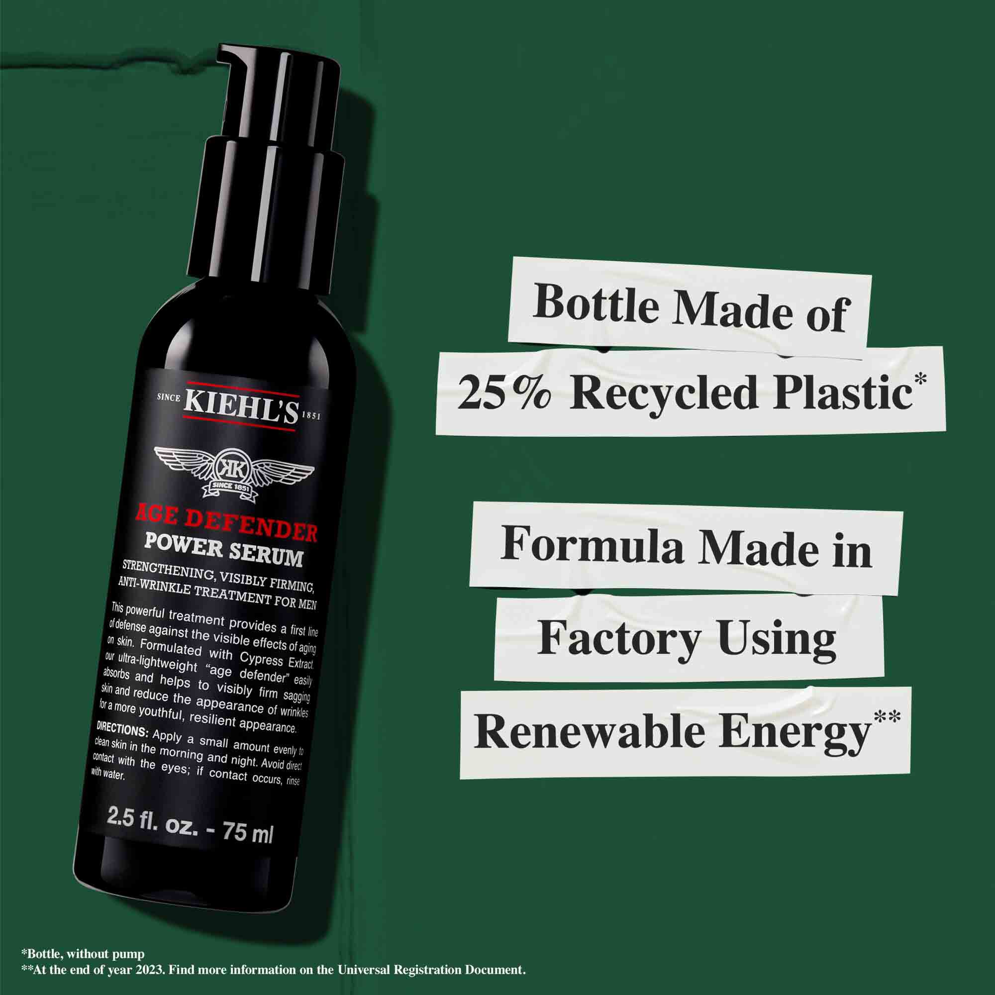 Age Defender Power Serum-flaske fremstillet af 25 % genbrugsplast; formel produceret på en fabrik, der bruger vedvarende energi.