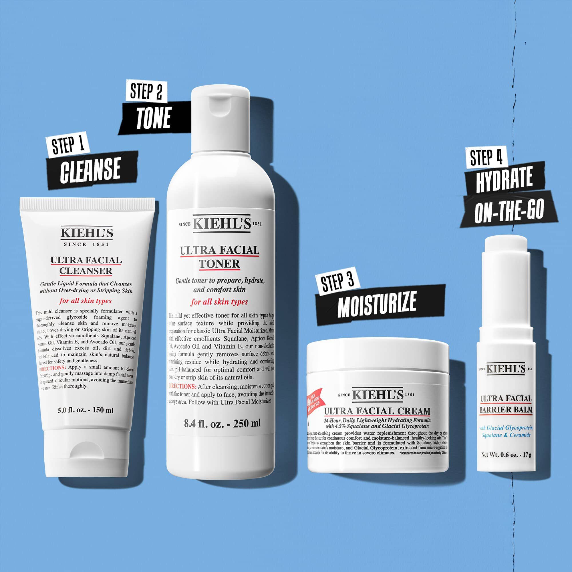 Illustration af rutine med Kiehl's Ultra Facial Cleanser – Rens, Tone, Fugt, Fugt på farten
