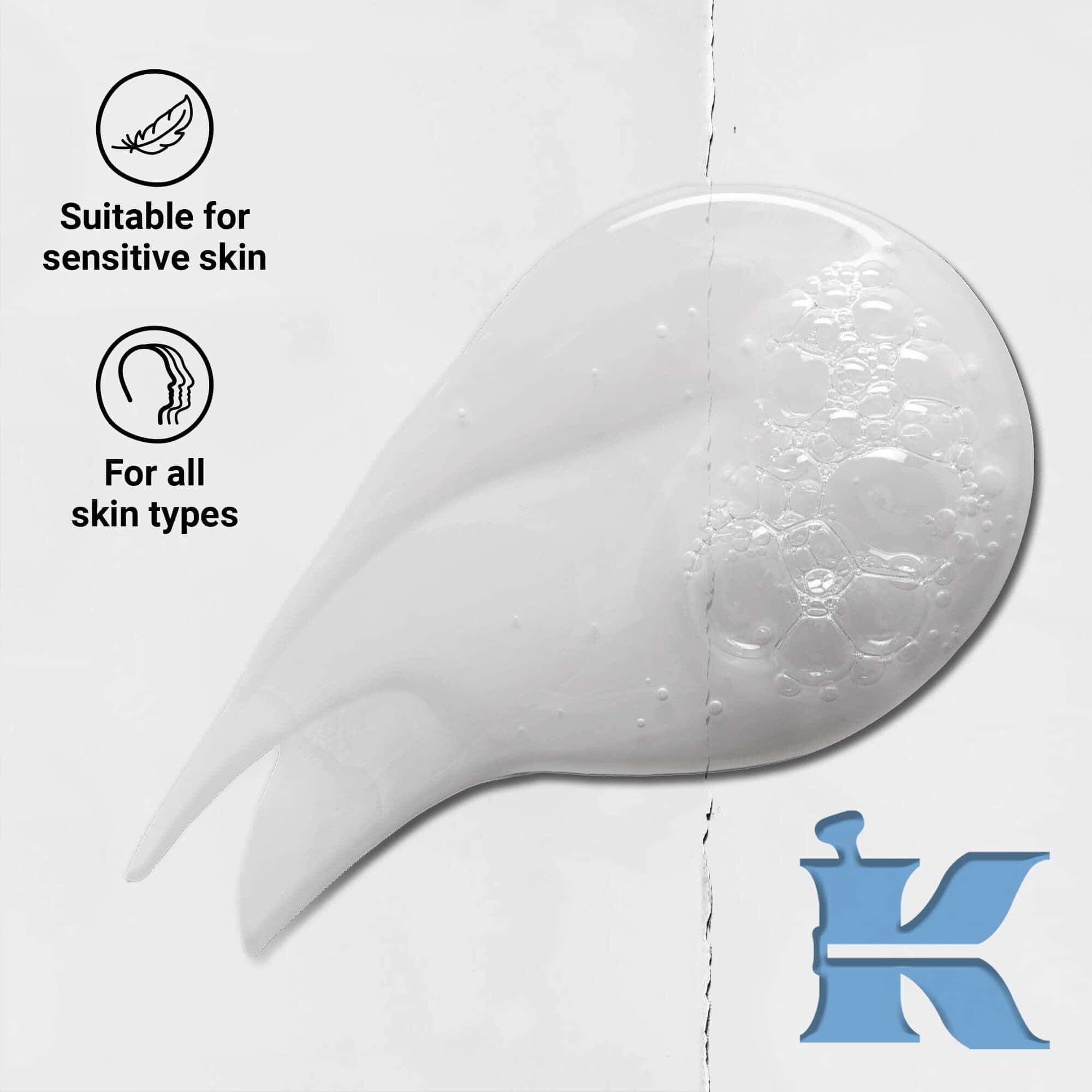 Foto af Kiehl's Ultra Facial Cleanser-konsistens med ikoner: til alle hudtyper og følsom hud