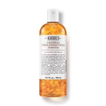 En 250 ml flaske af Kiehl's Calendula Herbal-Extract Toner med en klar vaeske og gylden nuance.