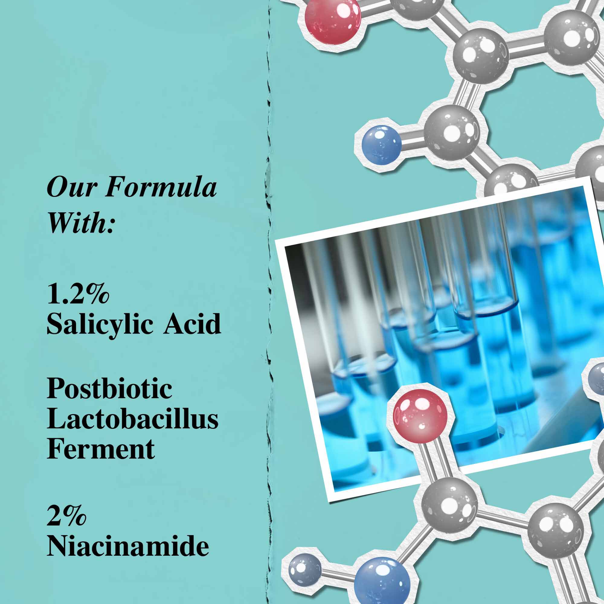 En grafik, der fremhaever nøgleingredienserne i Expertly Clear Blemish-Treating & Preventing Lotion, herunder salicylsyre, postbiotisk lactobacillus-ferment og niacinamid.