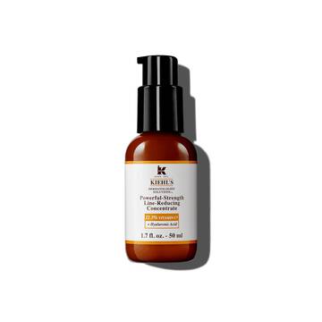 En 75 ml flaske Kiehl's Powerful-Strength Line-Reducing Concentrate mod en hvid baggrund.
