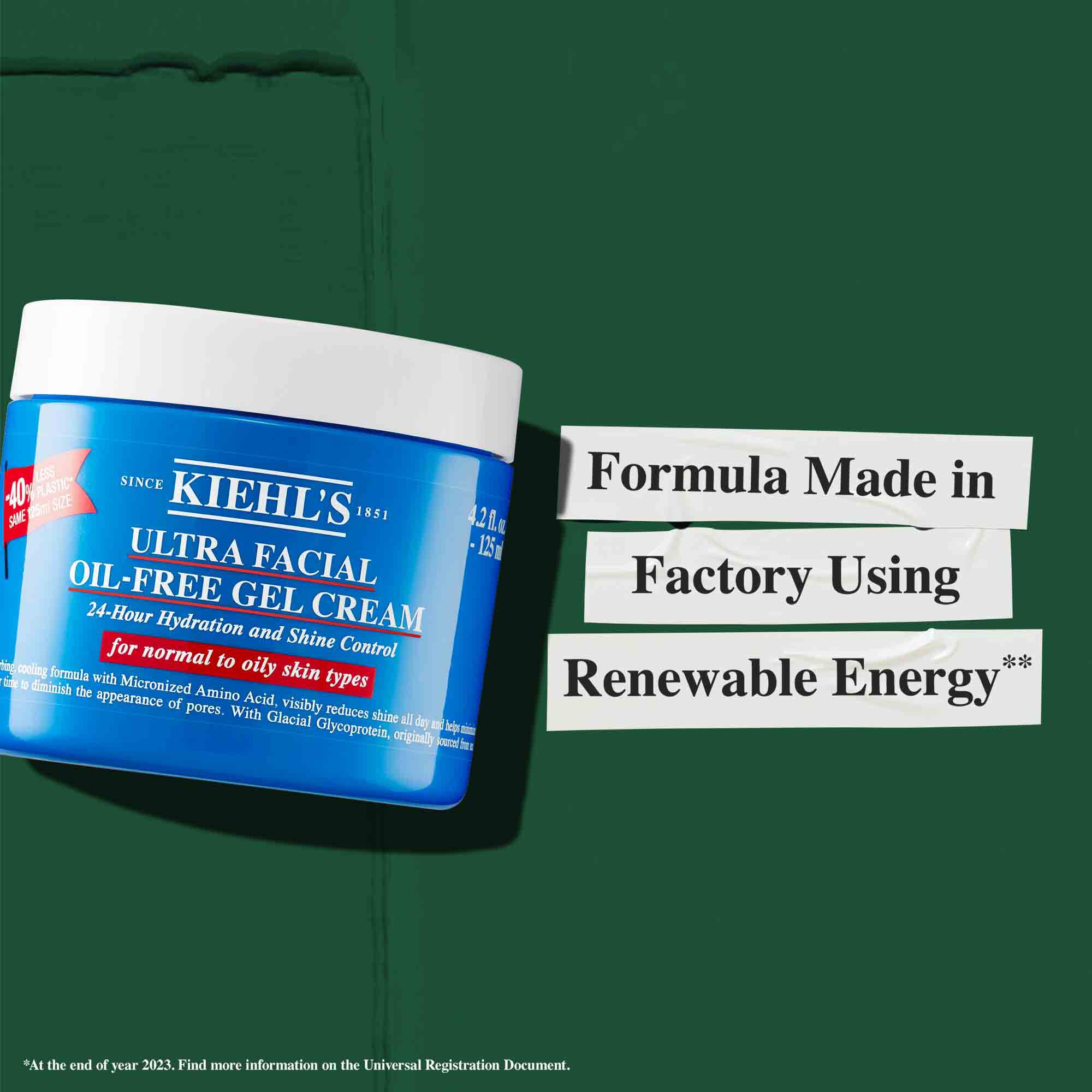 En krukke med Ultra Facial Oil-Free Gel Cream med teksten "Formel produceret på en fabrik, der bruger vedvarende energi."