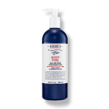 En flaske Kiehl's Body Fuel All-In-One Energizing Wash mod en hvid baggrund.