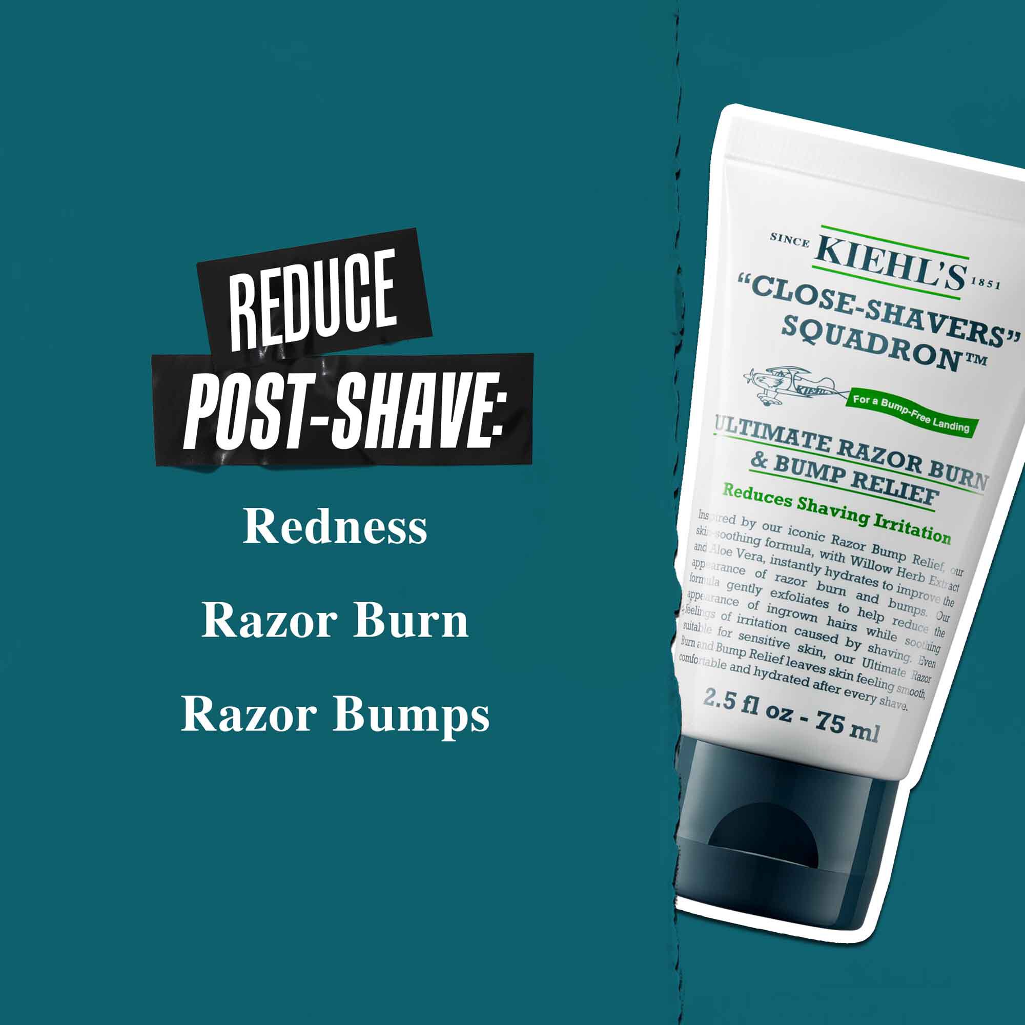 Tube med Close Shavers Squadron Smooth Glider Precision Shave Lotion på en blågrøn baggrund. Teksten lyder: "Reducer rødme efter barbering, barberingsirritation, barberingsknopper."