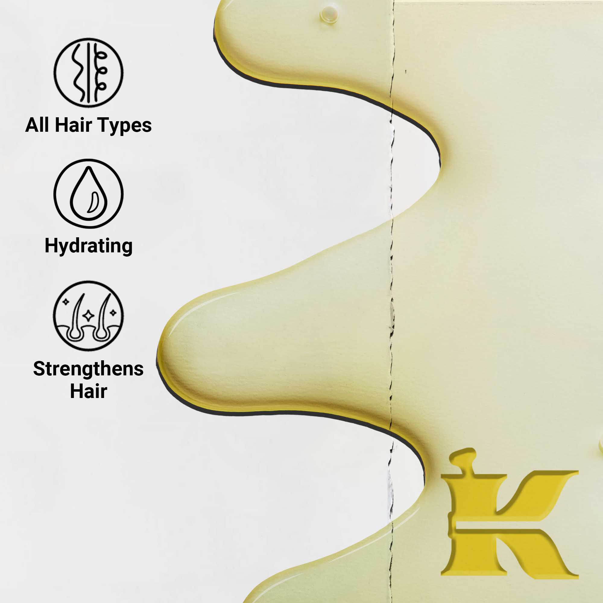 Taetbillede af Magic Elixir Hair Oil-konsistens. Tekst fremhaever den som fugtgivende, let og designet til at forbedre hårteksturen for alle hårtyper.