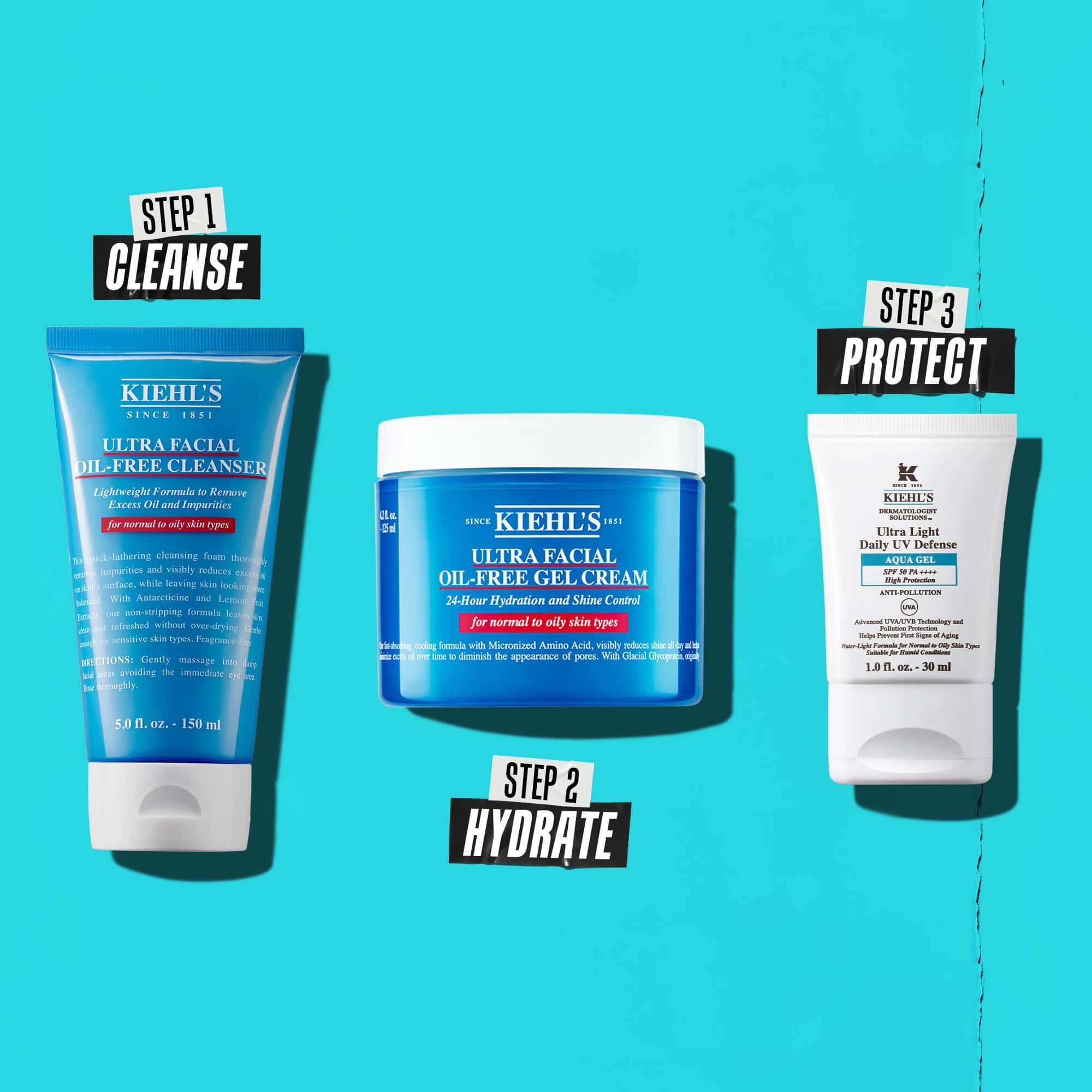 En tre-trins rutine med Kiehl's produkter. Trin 1: Ultra Facial Oil-Free Cleanser. Trin 2: Ultra Facial Oil-Free Gel Cream. Trin 3: Ultra Light Daily UV Defense Aqua Gel.