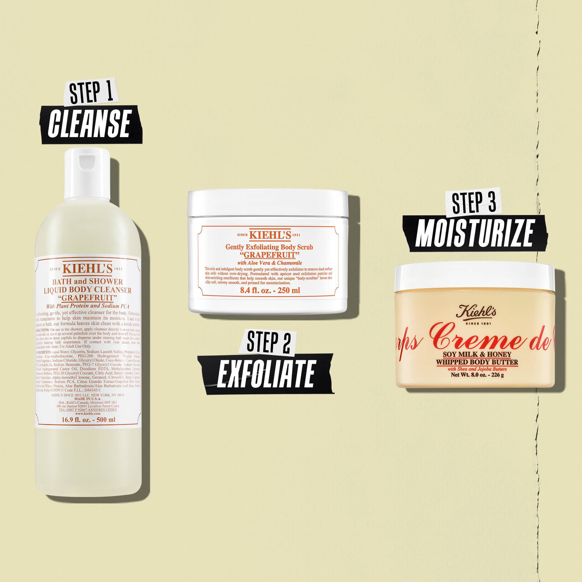 Illustration af rutine med Creme de Corps Whipped Butter bodybutter – Rens, Eksfolier, Fugt