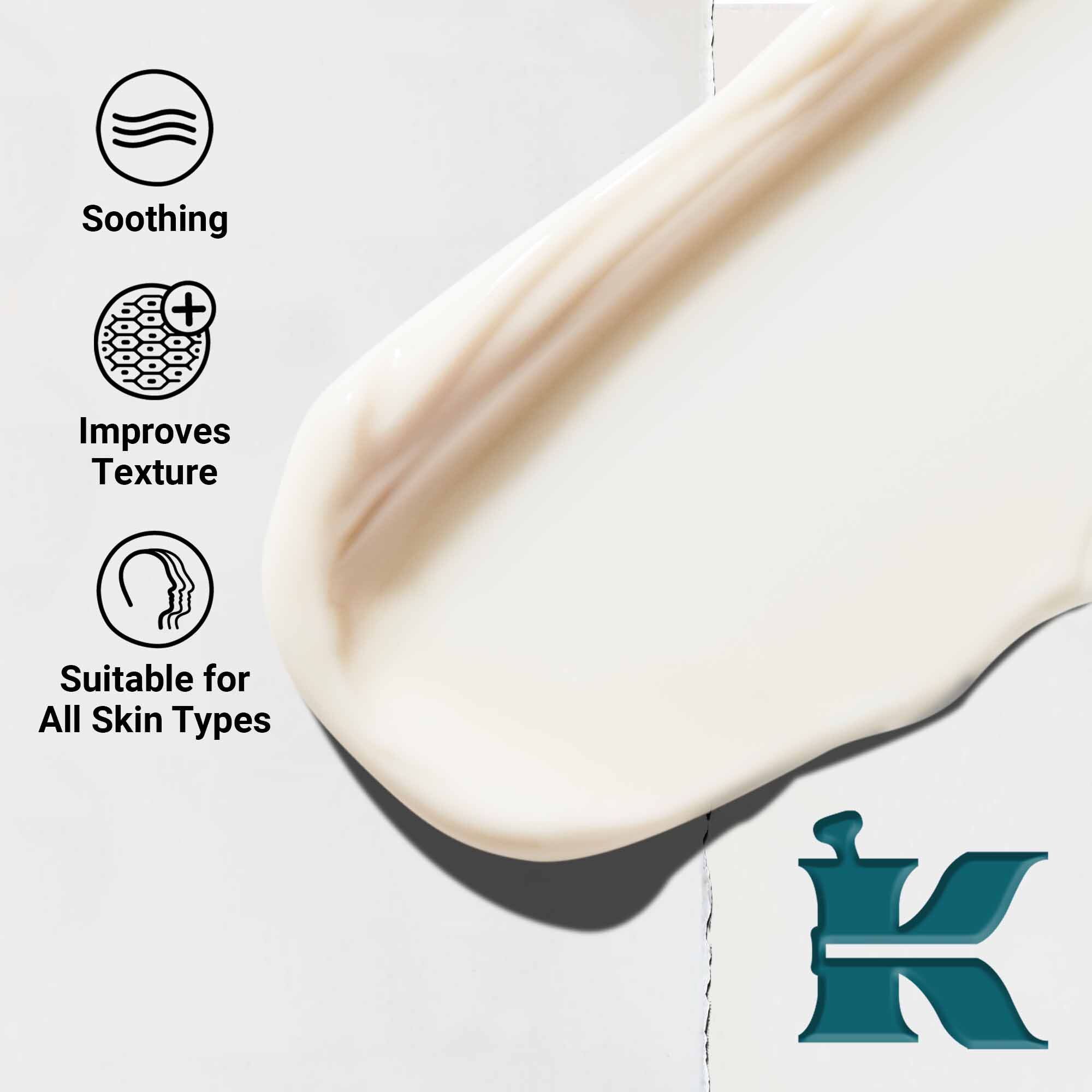 Taetbillede af Kiehl's Close Shavers Squadron Smooth Glider Precision Shave Lotion-konsistens. Tekst fremhaever dens udglattende og teksturforbedrende egenskaber, egnet til alle hudtyper.