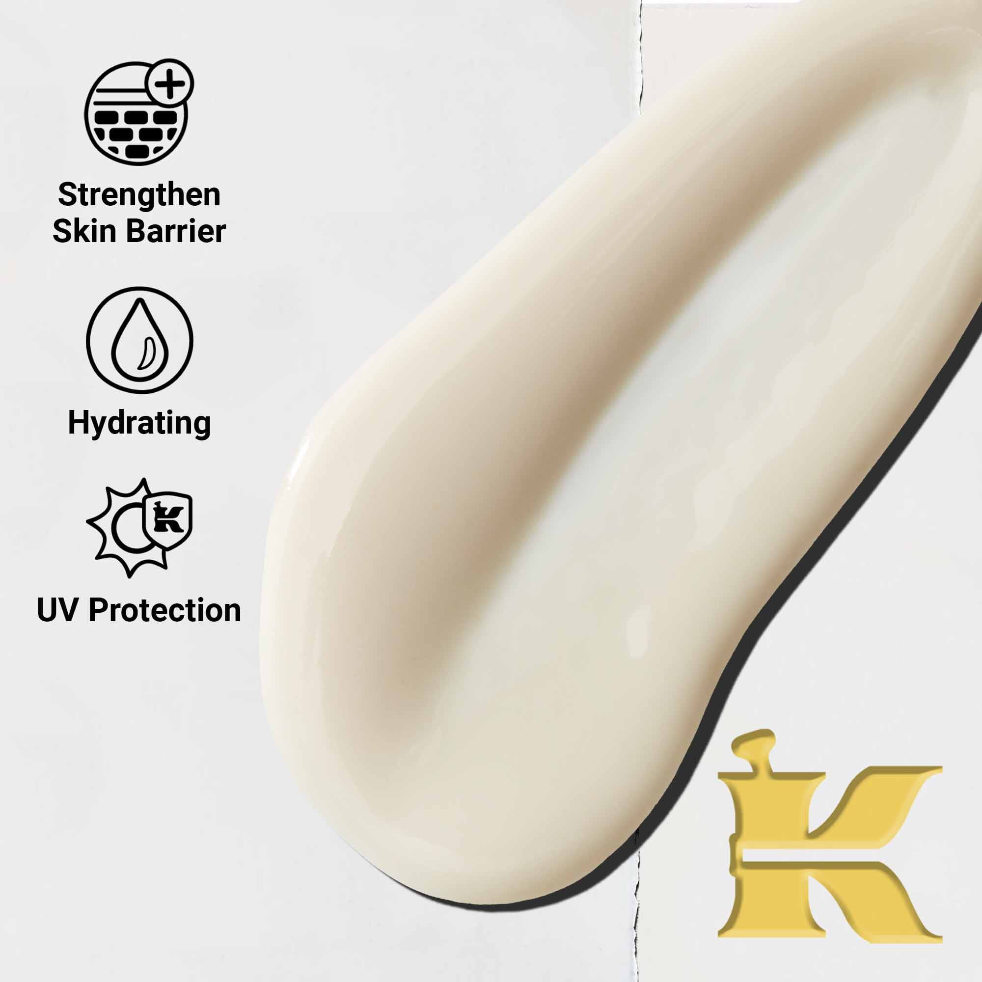 Taetbillede af Ultra-Light Daily UV Defense-konsistens. Tekst fremhaever dens lette, fugtgivende og bredspektrede UV-beskyttelse.