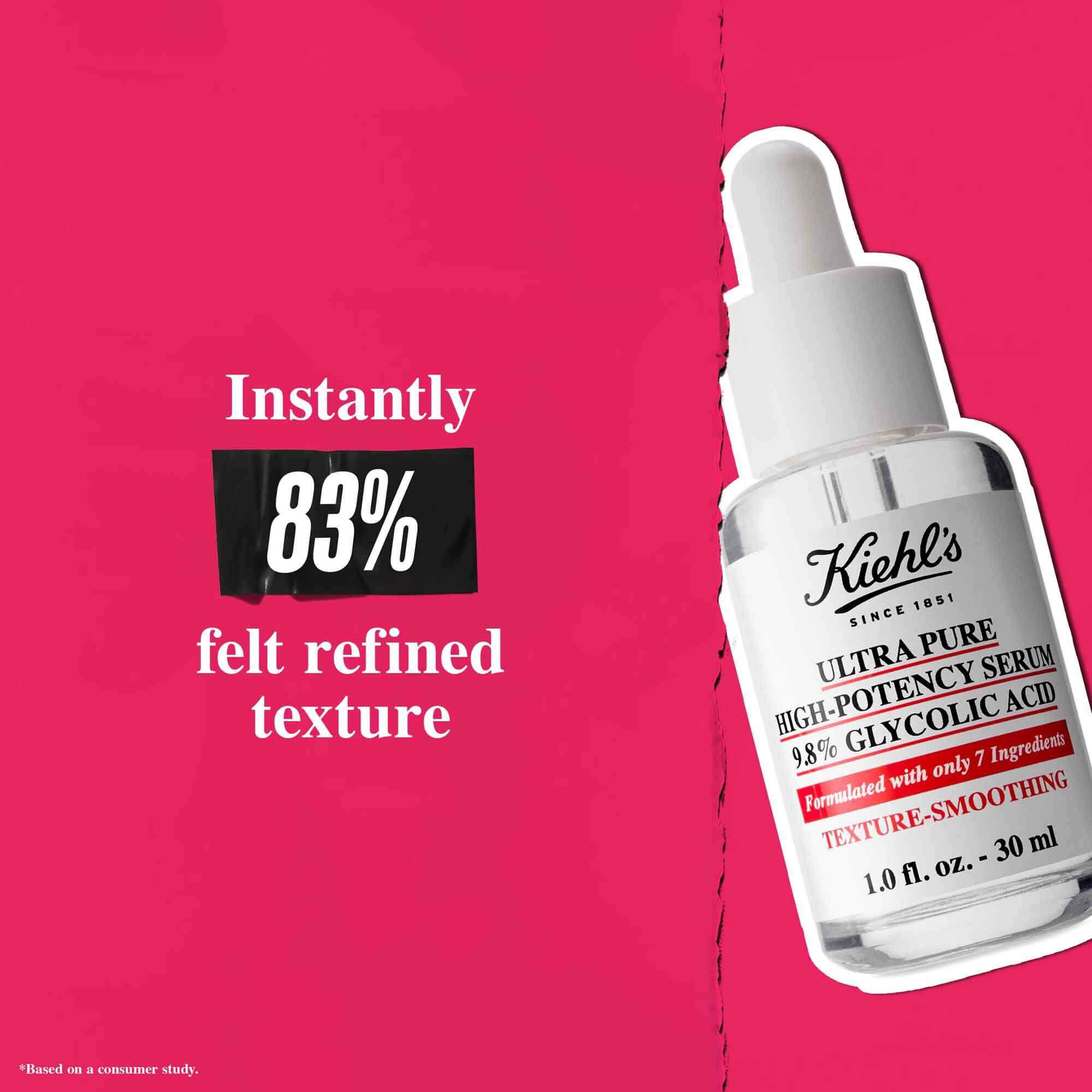 En flaske Ultra Pure 9.8% Glycolic Acid Serum mod en lyserød baggrund med teksten "Øjeblikkeligt følte 83% en forfinet tekstur."