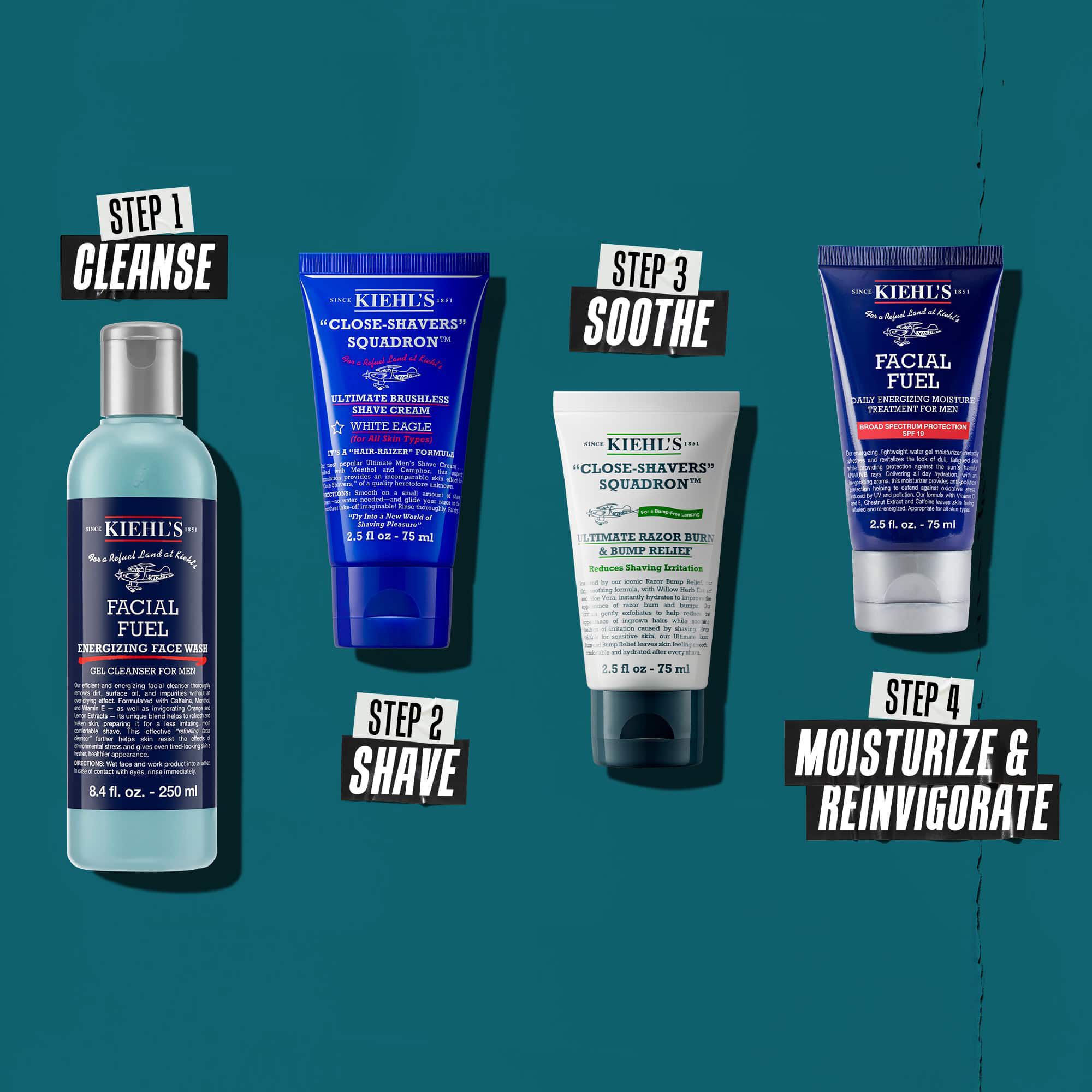 Fire Kiehl’s produkter til en hudplejerutine til maend: Rens, Barbering, Beroligelse og Fugt/Opfriskning